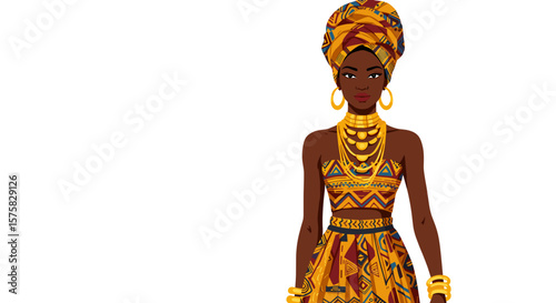 African woman in traditional attire with vibrant patterns and jewelry for cultural events and clothing brands 