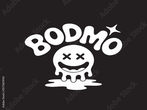 Retro melting ghost character with bodmo text and starburst