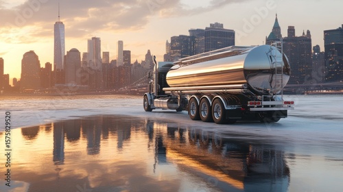 Tanker truck in NYC skyline at sunset