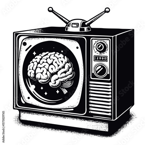 Old TV showing a washed brain, black and white drawing