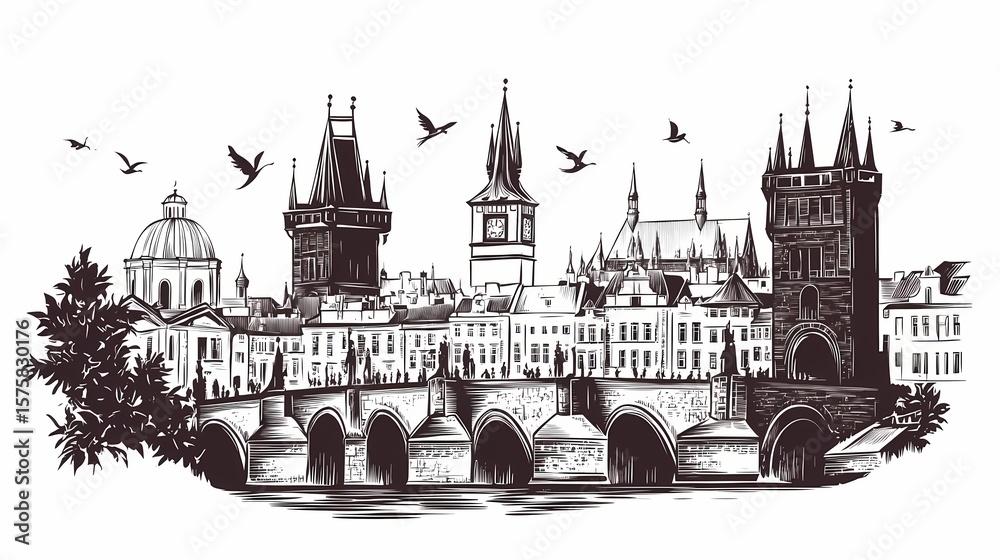 Fototapeta premium Cityscape sketch of a european city with a bridge.