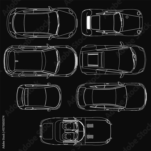 A sleek car blueprint in top view on a black background, showcasing detailed design elements and precise measurements. The minimalist set highlights the vehicle's contours and technical. Top view