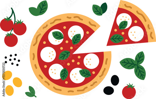 A flat lay illustration of a pizza with a slice missing surrounded by fresh ingredients on white


