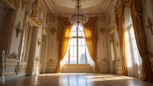 Ornate Ballroom with Gold Details and Sunlight Streaming In, Elegance in a Palace: A Grand Ballroom with Opulent Gold Accents