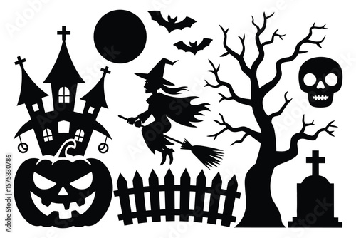 Halloween scene spooky castle witch bats pumpkin skull graveyard