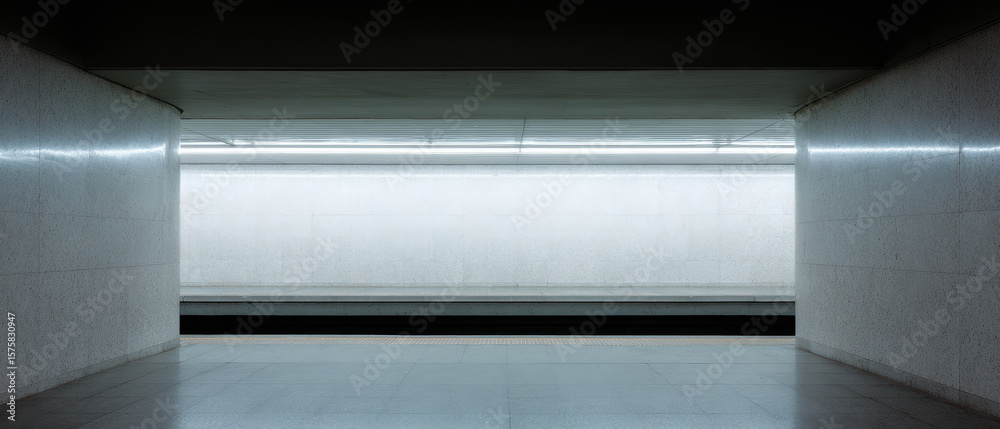 Obraz premium Empty underground platform with reflective walls and bright lighting