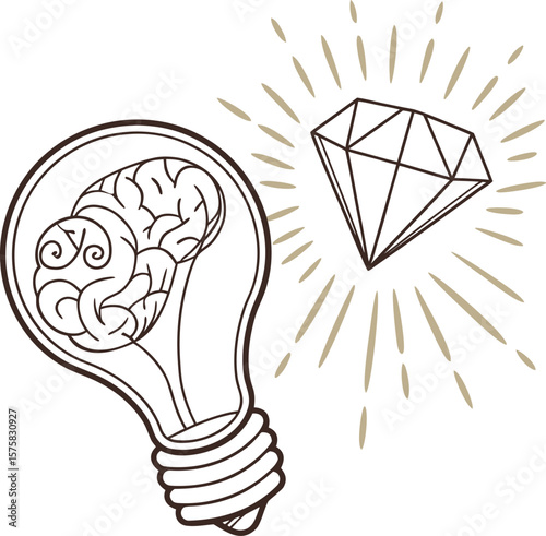 brain in bulb and shining diamond creative concept