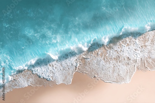Aerial View of Turquoise Ocean Waves Crashing on Sandy Beach