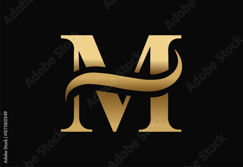 A luxurious golden letter M logo with a flowing golden swirl across its center, set against a stark black background.