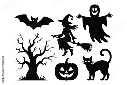 Halloween silhouettes bat witch ghost tree pumpkin cat
