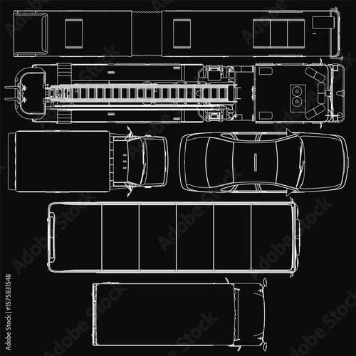 A set of vehicle outlines including a school bus, ambulance, taxi, bus, and fire truck in top view perspective. White vector illustration lines on black background with clean, simple design.