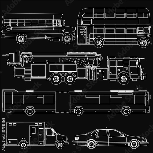 Side view vector illustration of emergency and transport vehicle outlines, including a fire truck, ambulance, school bus, taxi, and city bus, with clean white lines on a black background.