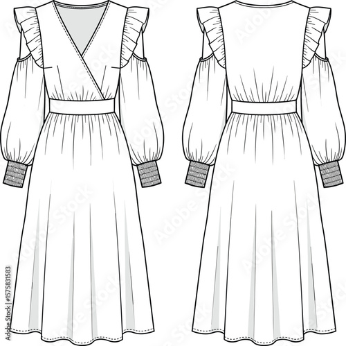 Fashion technical flat sketch of long sleeve ruffled shoulder midi dress, wrap V-neck, elastic cuff, fitted waist, A-line pleated silhouette, vector illustration