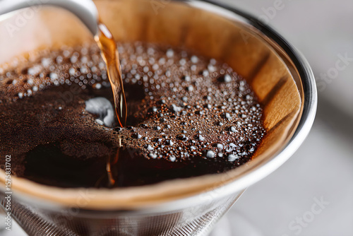 Freshly brewed coffee drips into a filter creating aromatic steam and rich color, a morning ritual for coffee enthusiasts