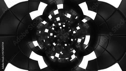 Fototapeta Naklejka Na Ścianę i Meble -  Abstract black and white 3D tunnel with geometric structure and reflective surfaces. Futuristic, immersive visual perfect for tech, design, and conceptual backgrounds.