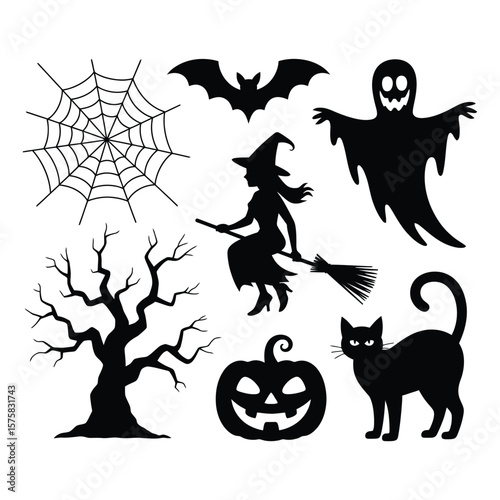 Halloween silhouettes of witch ghost bat spiderweb tree pumpkin cat