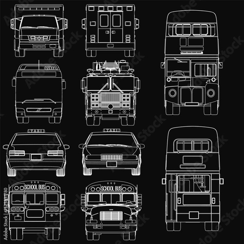 A set of diverse buses including a double decker, car, truck, and standard bus outlined in white on a black background. The clean design highlights urban transport with crisp contrast. Front view