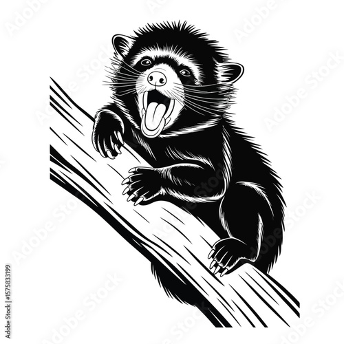 Black and white vector illustration of a baby binturong yawning while resting on a tree limb in a minimalist style