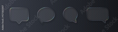 Set of realistic glossy glass speech bubbles in liquid glass style with refraction effect, isolated on dark background. Vector 3D illustration.