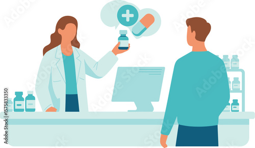 A pharmacist holding a prescription bottle speaking to a patient in front of a computer screen


