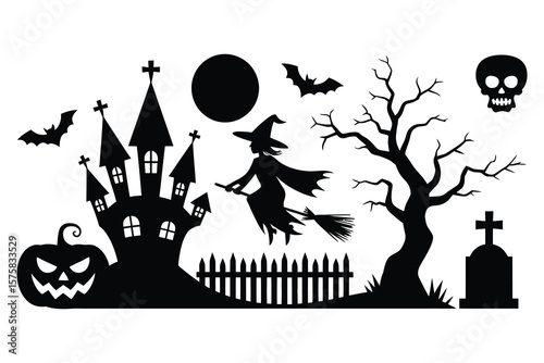 Haunted castle witch bats pumpkin skull graveyard halloween