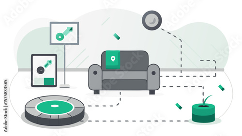 A cartoon drawing of a living room with a robot vacuum, a couch, a clock, and a cake