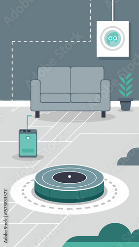 A cartoon drawing of a living room with a robot vacuum, a couch, a clock, and a cake