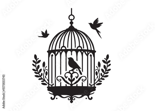 bird in a cage logo design silhouette vectors illustration, bird in a cage silhouette vector logo, silhouette birdcage vector logo, vintage black birdcage logo silhouettes vector on a white background