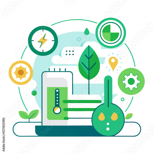 A green leaf is shown next to a device that has a temperature gauge. The leaf is surrounded by other icons, including a clock and a map. Concept of technology and nature coming together