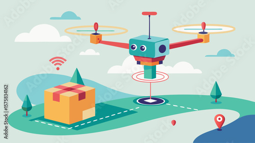 A robot is flying over a green field with a box on the ground. The robot is equipped with a Wi-Fi connection and a GPS system