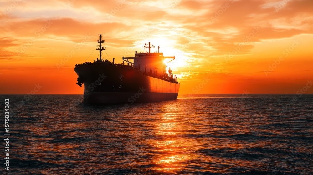 Fototapeta premium Silhouette ship at sunset