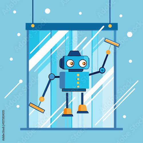 A robot is cleaning a window with a squeegee. The robot is blue and has a yellow button on its chest
