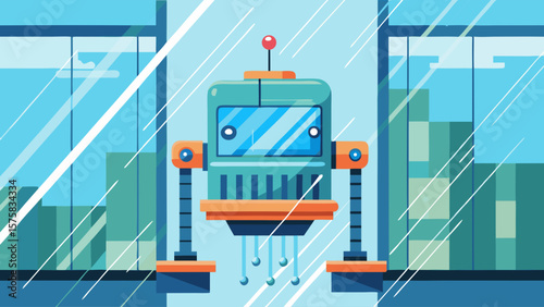 A robot is cleaning a window with a squeegee. The robot is blue and has a yellow button on its chest