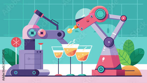 Two robots are working together to make drinks. The scene is set in a kitchen with a green background