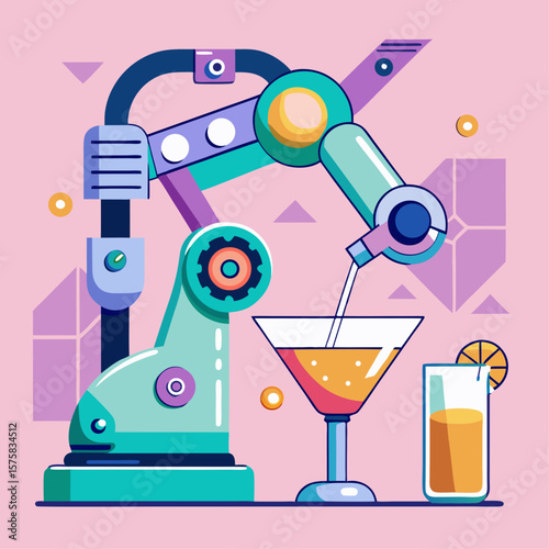 Two robots are working together to make drinks. The scene is set in a kitchen with a green background