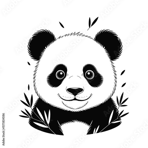 Black and white vector illustration of a baby panda face with fluffy cheeks and gentle expression on a clean white background