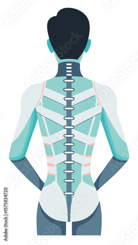A man's back is shown with a blue spine and orange ribs. The spine is curved and the ribs are thin and white. Concept of strength and stability, as the spine and ribs work together to support the body