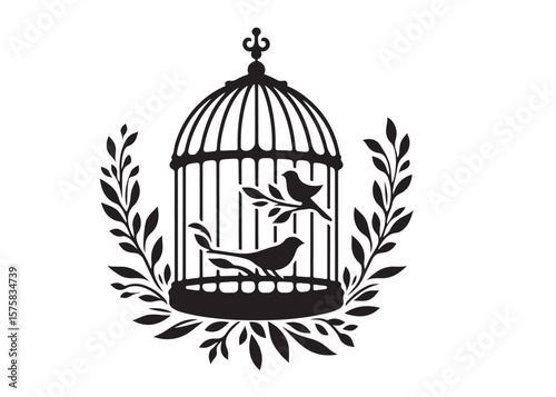 bird in a cage logo design silhouette vectors illustration, bird in a cage silhouette vector logo, silhouette birdcage vector logo, vintage black birdcage logo silhouettes vector on a white background
