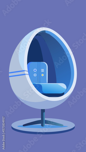 A blue and white room with a chair and a couch. The chair is in the middle of the room and the couch is on the right side