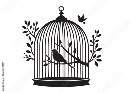 bird in a cage logo design silhouette vectors illustration, bird in a cage silhouette vector logo, silhouette birdcage vector logo, vintage black birdcage logo silhouettes vector on a white background