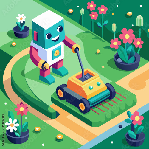 A robot is mowing the lawn. The robot is smiling and he is enjoying the task. The lawn is lush and green, and there are several potted plants scattered throughout the area