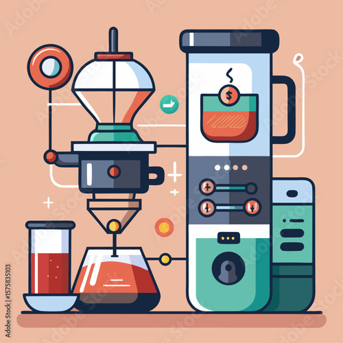 A cartoon drawing of a coffee maker with a pot of boiling water on top of it. The coffee maker has a timer and a cup on the side