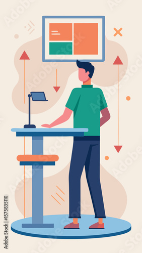 A man is standing in front of a computer desk with a monitor and a keyboard. He is wearing a green shirt and is looking at the computer screen. The room has a modern and professional feel