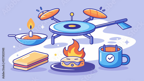 A cartoonish drawing of a variety of food items, including a sandwich, a hot dog, a bowl of soup, and a cup of coffee. The drawing is set against a blue background and features a fire