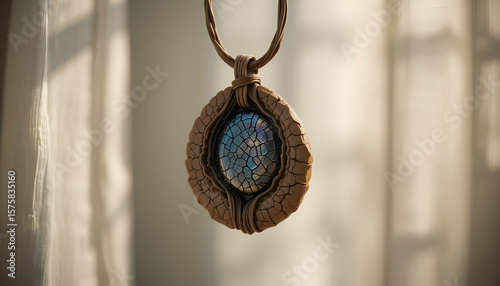 Close up of a pendant with a blue iridescent stone set in a textured brown clay frame hanging from a cord