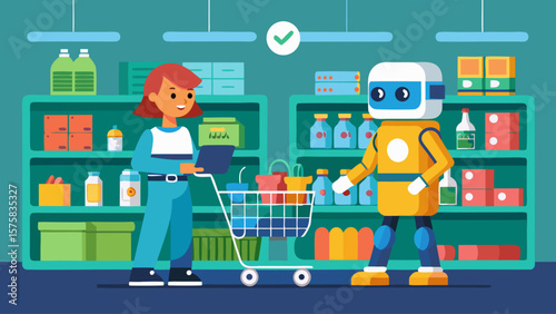 A woman is shopping with a robot. The robot is smiling and the woman is smiling back. The robot is holding a shopping cart and the woman is holding a shopping bag. The scene is bright and cheerful