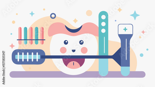 A cartoonish toothbrush and toothpaste are shown next to a toothbrush and a toothpaste container. The image is meant to be humorous and lighthearted, emphasizing the importance of good oral hygiene