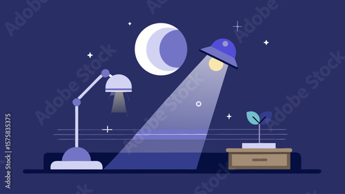 A night sky with a moon and a light shining on it. The light is coming from a lamp