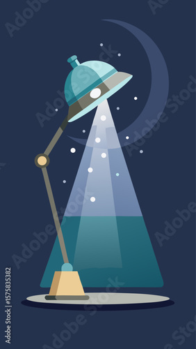 A night sky with a moon and a light shining on it. The light is coming from a lamp