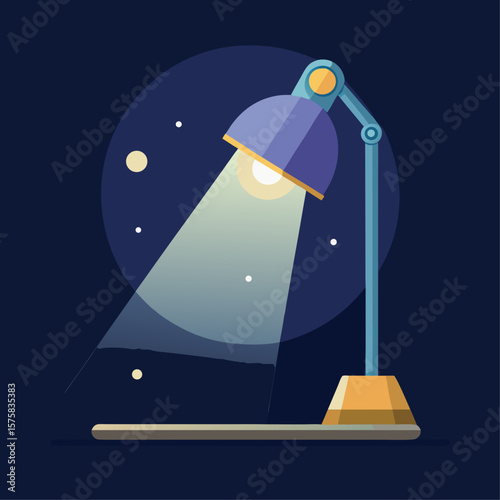A night sky with a moon and a light shining on it. The light is coming from a lamp